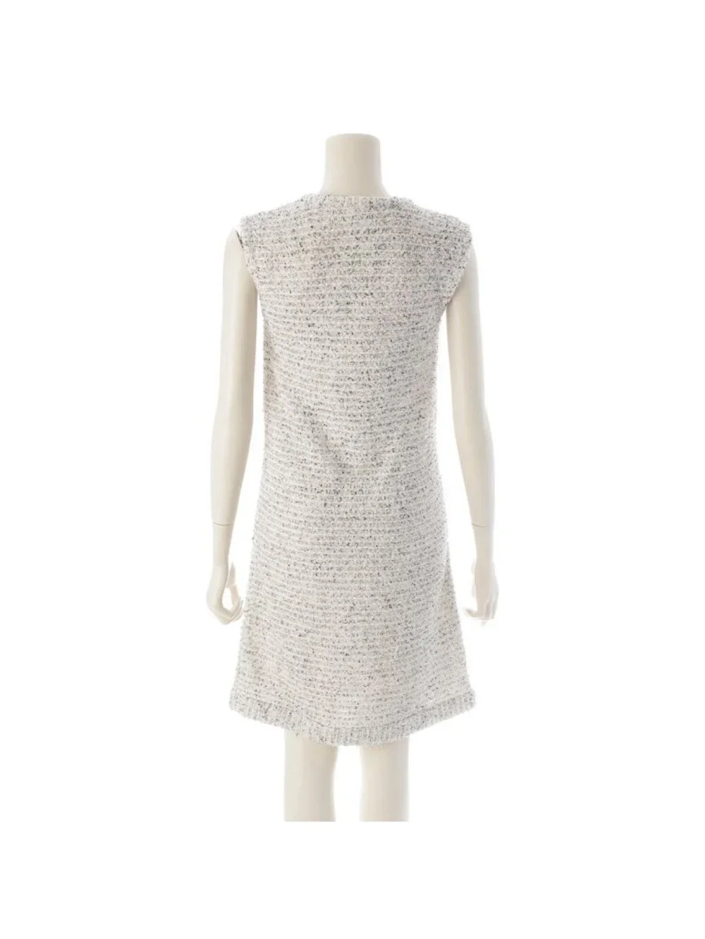 Chanel Tweed CC Logo Pearl Clear Button Sleeveless Fitted Dress White 36